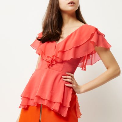 Coral frilly blouse